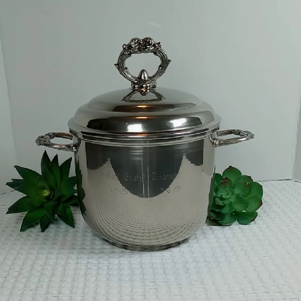 Vintage English Silver Leonard Silver Co Engraved Ice Bucket w/Milk Glass Liner